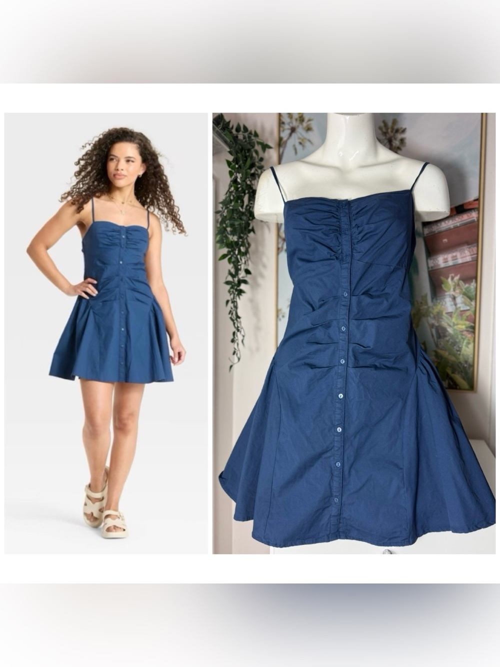 Wild Fable Navy Blue Denim Poplin Button Front Ruched Mini A-Line Dress Large